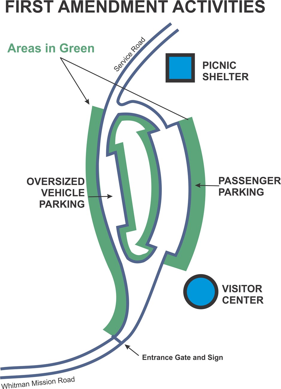 Designated First Amendment areas include the east edge of parking lot, the edges around the island next to parking lot, and along the west side of the road from the entrance gate to the northern end of the parking loop.