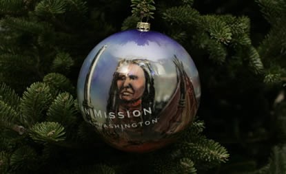 Close-up of Whitman Mission Christmas ornament on White House Christmas tree