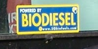 Close-up of bumper sticker that says, " Powered by Biodiesel."