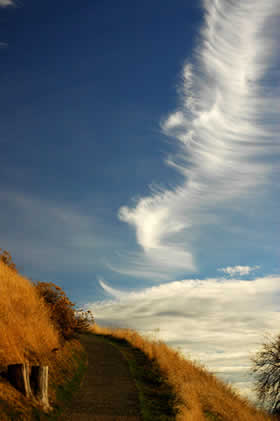 Wispy horsetail and cirrus clouds fill a blue sky above the trail leading to the top of the hill.