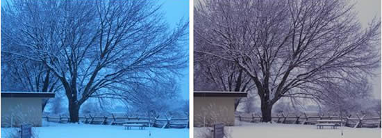 Two shots: before, the sky is a glowing, unnatural shade of neon blue; after, the blue is gone, it almost looks like mid-afternoon, though the colors are still not quite true to life.