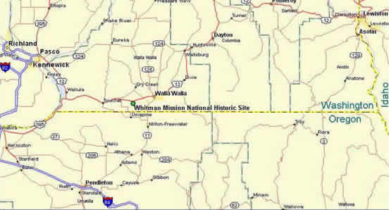 Map showing Whitman Mission located West of Walla Walla off of Highway 12.