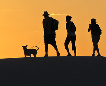 Family hiking dunes with dog on leash