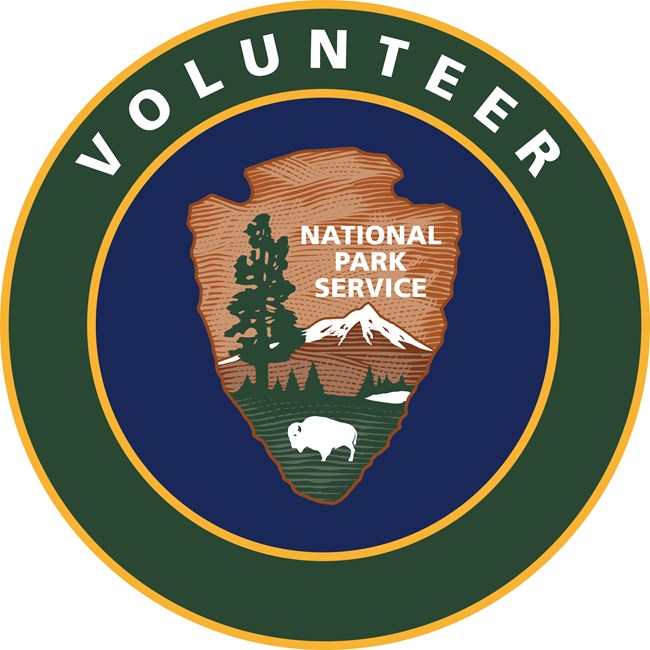 Volunteer in Parks logo featuring the National Park Service arrowhead logo and a ring around it with "Volunteer" displayed.