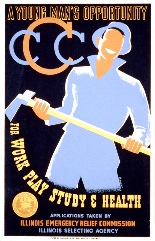 Poster of man dressed in blue holding a sledgehammer with the caption, CCC: A young man's opportunity for work, play, study & health.