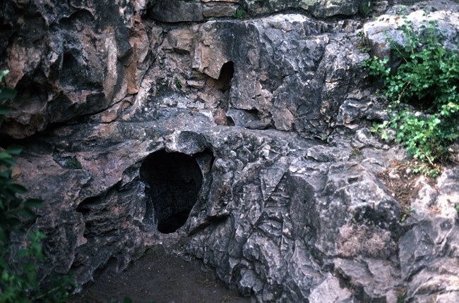 A gray outcrop of limestone with a dark opening about 16 inches in diameter in the middle of the image.