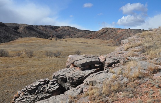 View looking into a valley from the top of the Sanson Buffalo Jump.