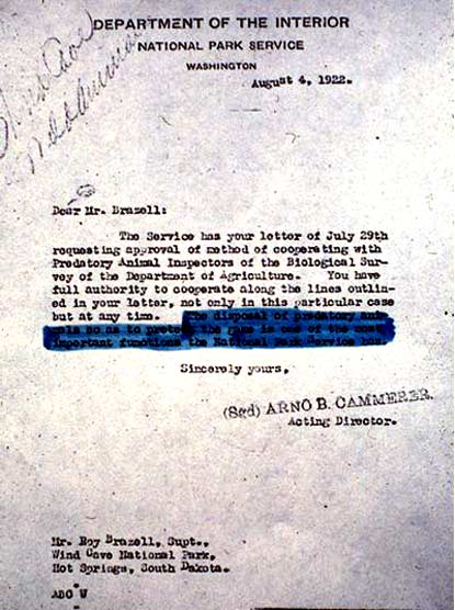 Letter from Arno B. Cammerer (Acting NPS Director) to Wind Cave Superintendent Roy Brazell About Killing Predators