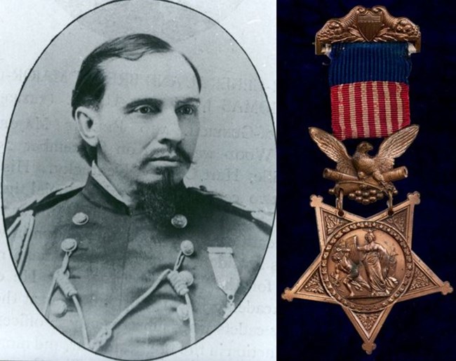 A photograph of a soldier in uniform appears next to a photo of his Medal of Honor, a star suspended from a ribbon