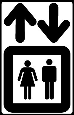 Two stick people in a square elevator-looking box with arrows above them