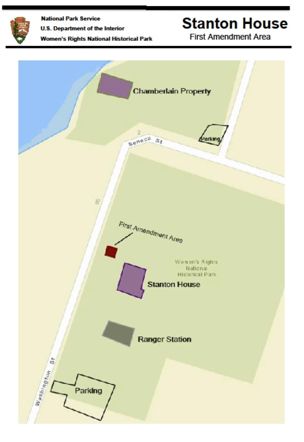Image of the Elizabeth Cady Stanton Property, the Chamberlain Property, First Amendment Area, Two Parking Lots. Properties bordered by Seneca Street and Washington Street.