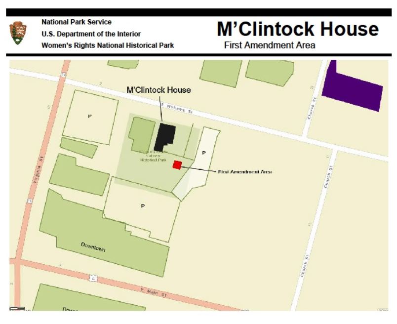Map of the M'Clintock House and grounds, First Amendment Area Three Parking Lots. Bordered by East Williams Street, East Main Street, and Virginia Street.