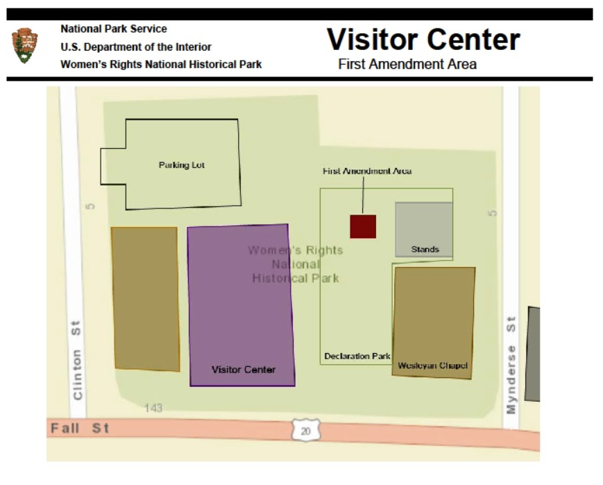 Map of Visitor Center, Wesleyan Methodist Chapel, First Amendment Area, Declaration Park, Stands. Parking Lot. Map bordered by Clinton Street, Fall Street, Mynderse Street.