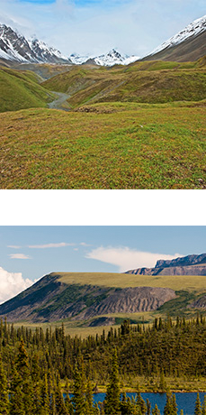 One image of tundra covered hills with mountains in background. One image of forest, lake, and tundra covered plateau with high rocky slopes.