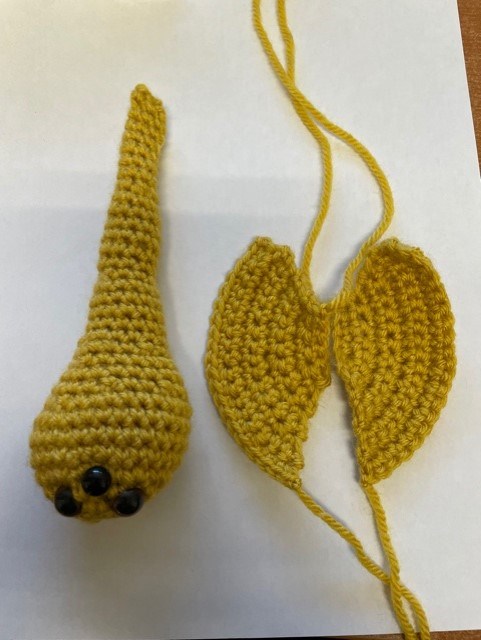 A yellow yarn crochet model of a Triops body and carapace that looks like wings.