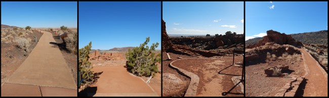 Left to right, paved sidewalk to Wupatki Pueblo overlook, concrete to compacted granite transition at overlook point, wheelchair turnaround point, and non-accessible steep grade on back loop of trail.