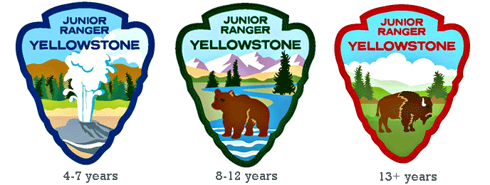 Junior Ranger Patches with bear, bison, and geyser
