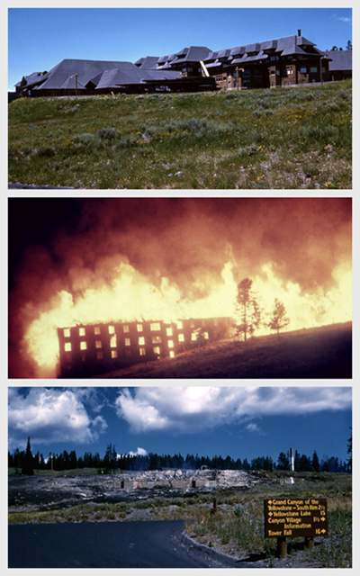 Before, during, and after the fire at Yellowstone's Canyon Hotel, August 8, 1960. John Frederick Burger photographs, Yellowstone Park Archives, #YELL 133527 and #YELL 199963.