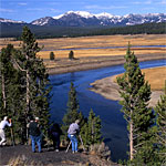 Visitors looking at the Hayden Valley landscape with the river and mountains in the distance.