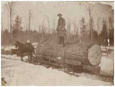 A historical photo of a man standing atop a large log being pulled by a horse.