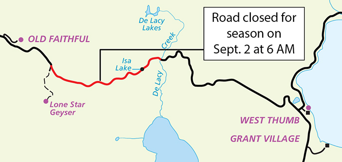 Inset image of Yellowstone's park map showing a section of road that will be closed.
