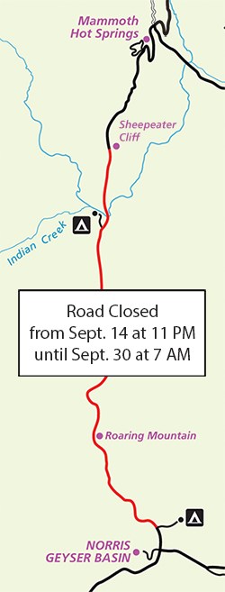 Inset image of Yellowstone's map showing a scheduled road closure.