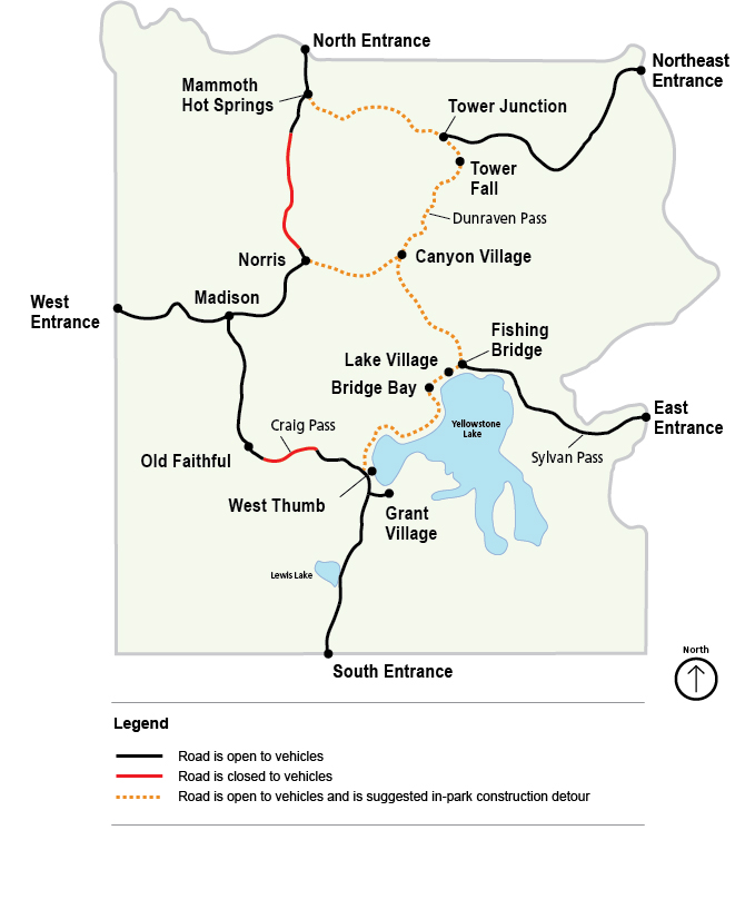 Map showing fall road closures in Yellowstone.