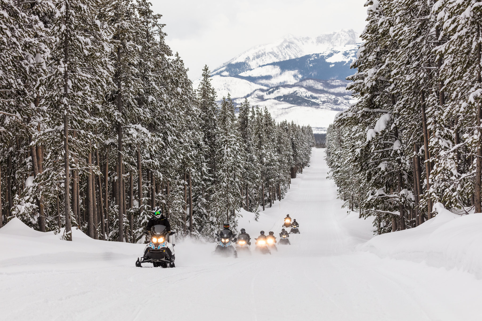 a group of snowmobiles on a snowy road
