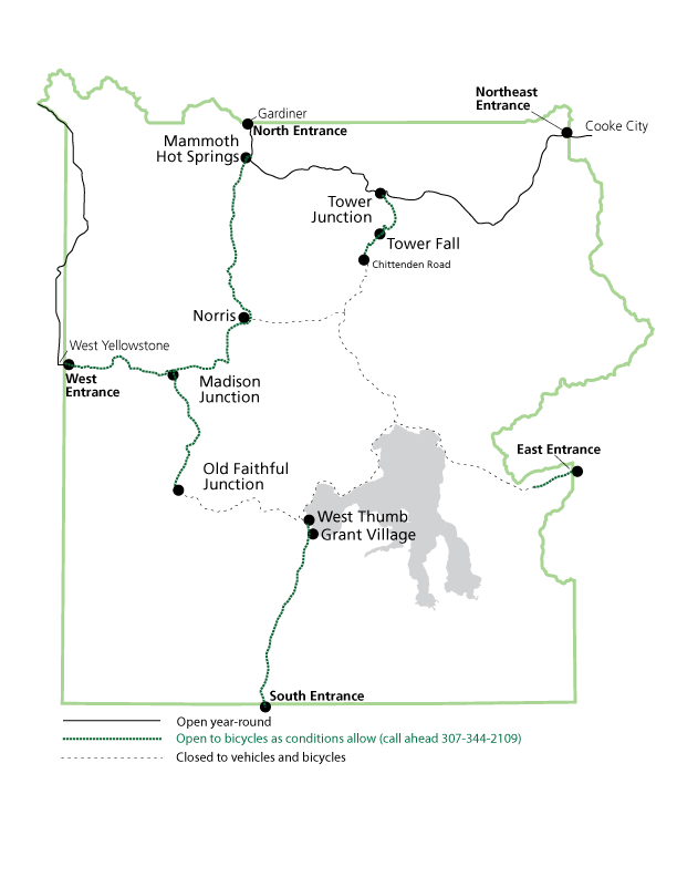 Map of fall bicycling routes in Yellowstone.