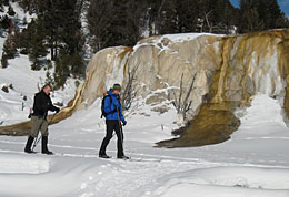 Two skiers pass Orange Spring Mound at Mammoth Hot Springs