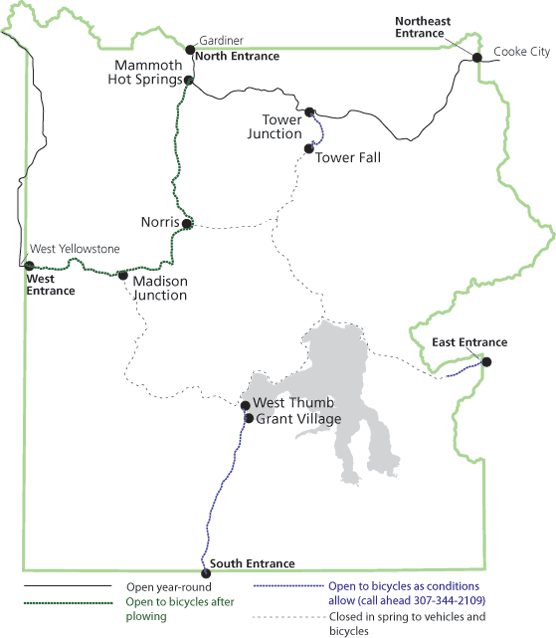 Map of Yellowstone showing spring bike routes.