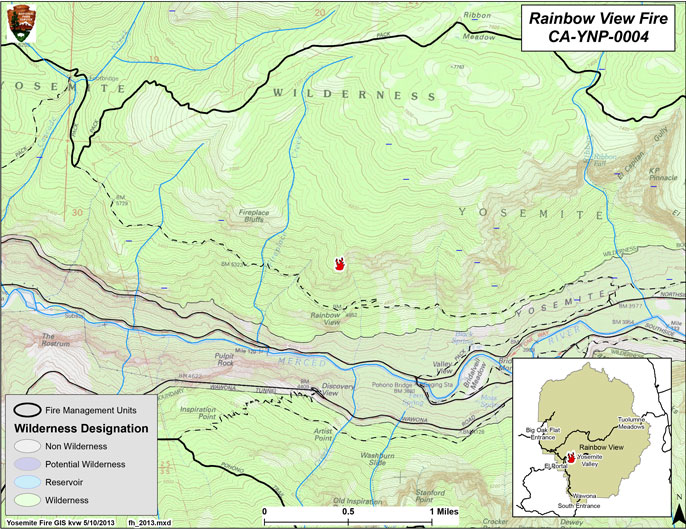 Map showing fire north of Tunnel View