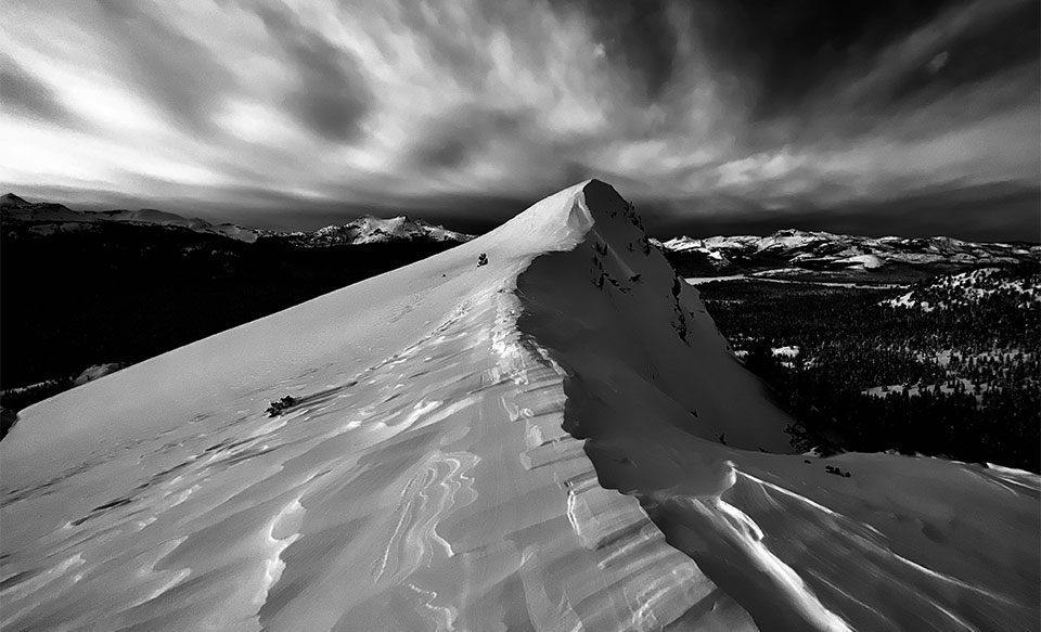 Ever changing textures of snow on Lembert Dome on January 2, 2023. Pictured in black and white.
