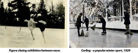 Historic photos showing ice skating and curling in Yosemite Valley, late 1920s. 