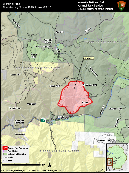 Map showing El Portal Fire perimeter and nearby fire history
