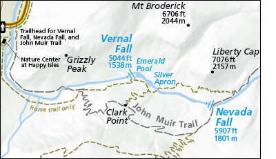 The Silver Apron is located on the Merced River between Vernal Fall and Nevada Fall