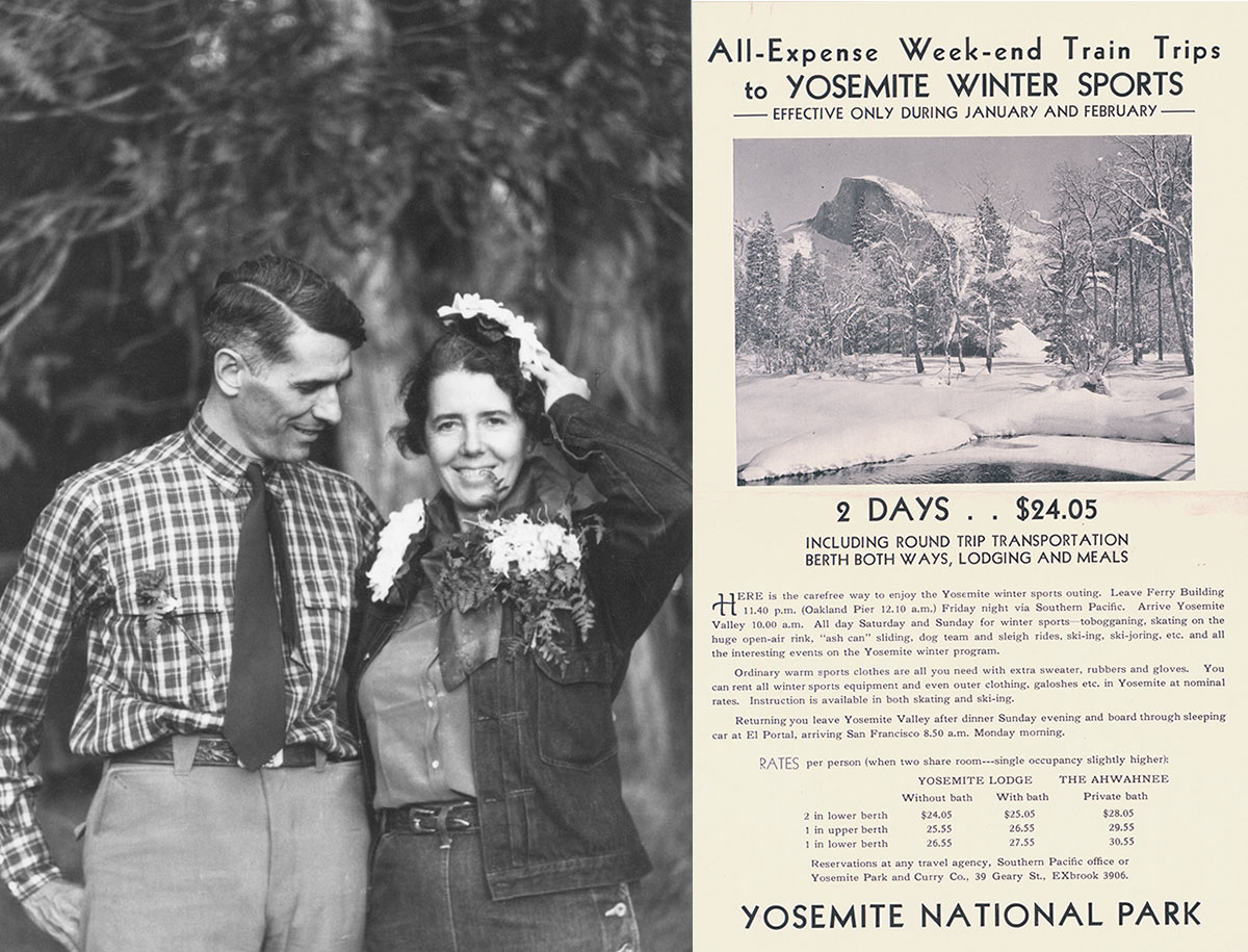 Left photo: Don and Mary Tressider on their 19th wedding anniversary; Right photo: Flyer showing prices to take the trail to Yosemite in winter and ski and lodge for two days. 