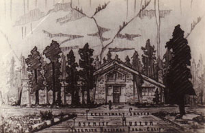 historic drawing of museum building on old paper