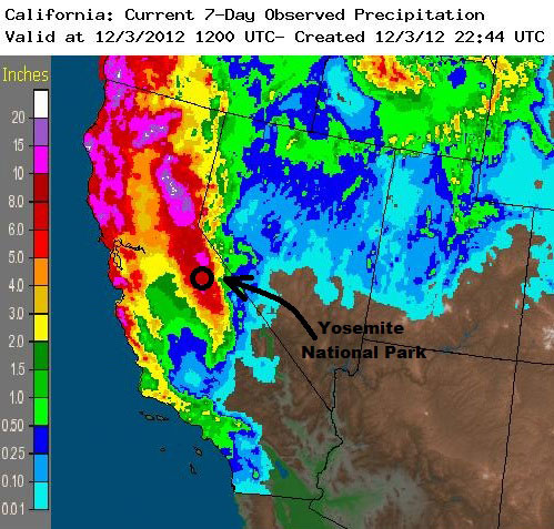 Map showing abundant rainfall throughout California, with Yosemite in the 6- to 8-inch range