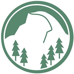 Green and white graphic of Half Dome and trees