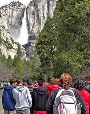 Group of students walking toward Yosemite Falls