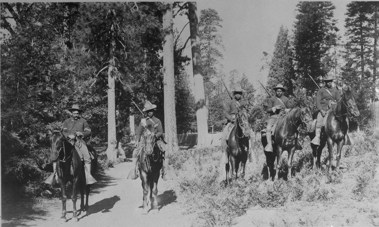 Buffalo soldiers - mounted infantry Five African-American mounted infantrymen on horseback in a forest