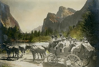 Photo of horse drawn wagon and early Yosemite visitors