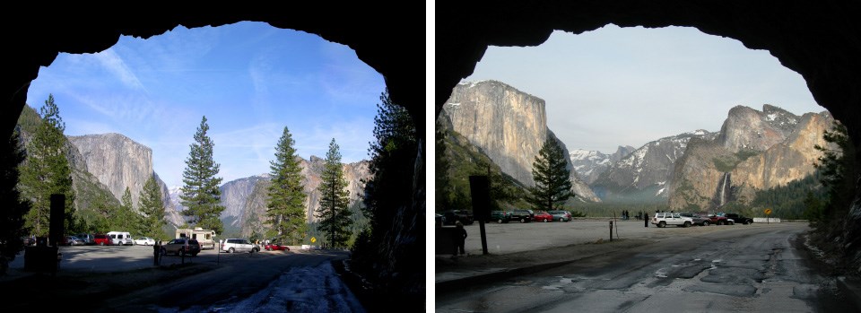 Tunnel View before (left) and after project (right), part of which involved removing some trees to open up the scenery