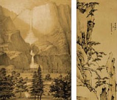 Historic Yosemite photo, left, and Chinese ink drawing, right
