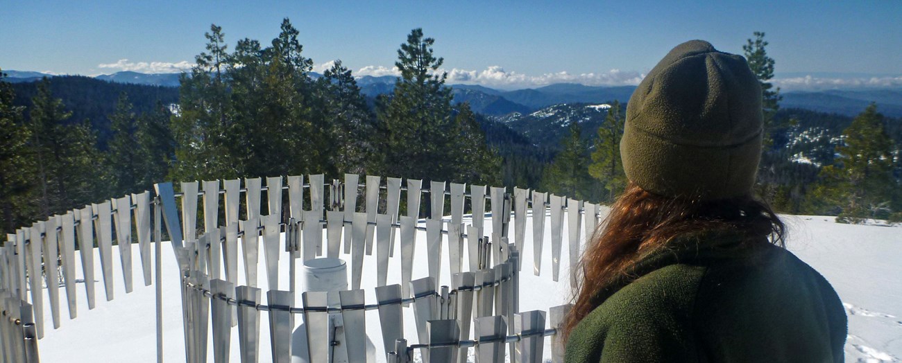 A woman dressed in a green park service uniform looks out to the horizon, next to a metal weather station.