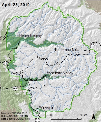 Yosemite boundary map with snow areas marked