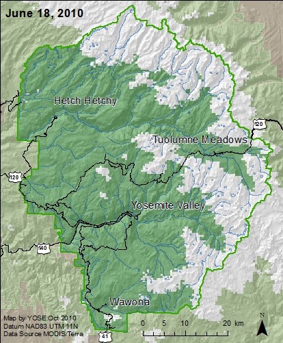 Yosemite boundary map with snow areas marked