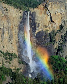 Rainbow crosses over powerful flow of waterfall