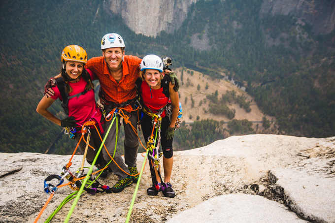 Left to Right: Jayme Moye, Hans Florine, and Fiona Thornewill reach the top of The Nose route on El Capitan at 2:30pm PST, Saturday September 12th, 2015